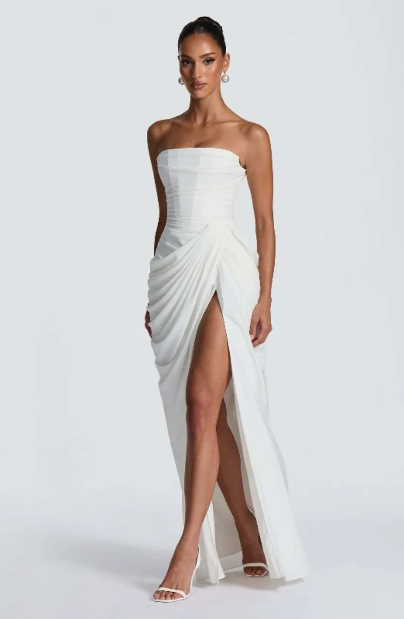 Strapless Maxi Robe Women Ruched Waist High Thigh Slit Chic Flowy Dress Romantic Party Fashion Unique Vestido New – Image 22