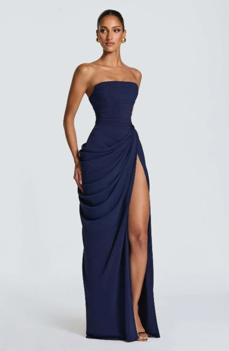 Strapless Maxi Robe Women Ruched Waist High Thigh Slit Chic Flowy Dress Romantic Party Fashion Unique Vestido New – Image 42