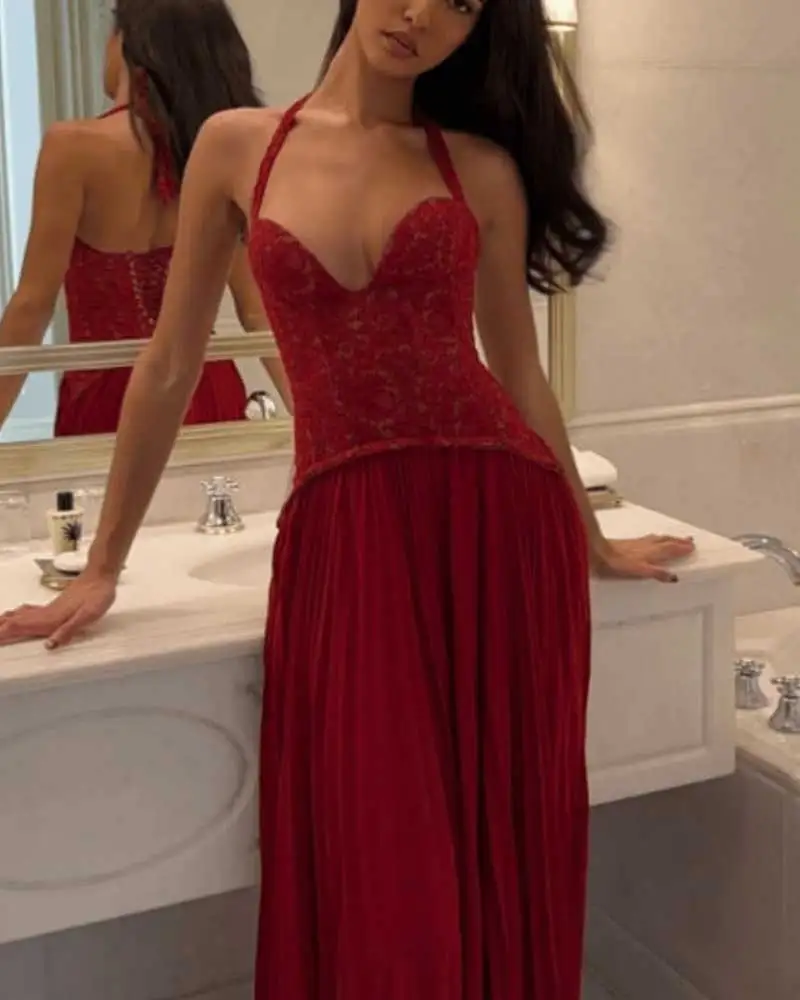 GACVGA Elegant Corset Halter Pleated Maxi Dress Women Back Lace-up Patchwork Slim Lady Gown Club Party Evening Long Dress – Image 17