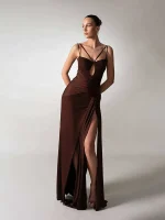 Sexy Sleeveless Spaghetti Strap Cut Out Folds Long Dress Women Brown Draped High Split Bodycon Runway Evening Maxi Party Dresses
