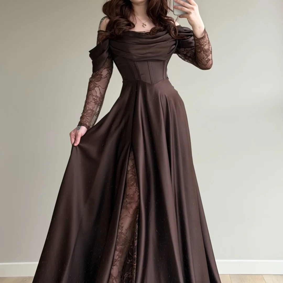 Brown Off Shoulder Prom Dress with Lace Long Sleeves, Satin Corset Bodice, Lace Overlay High Slit – Image 4