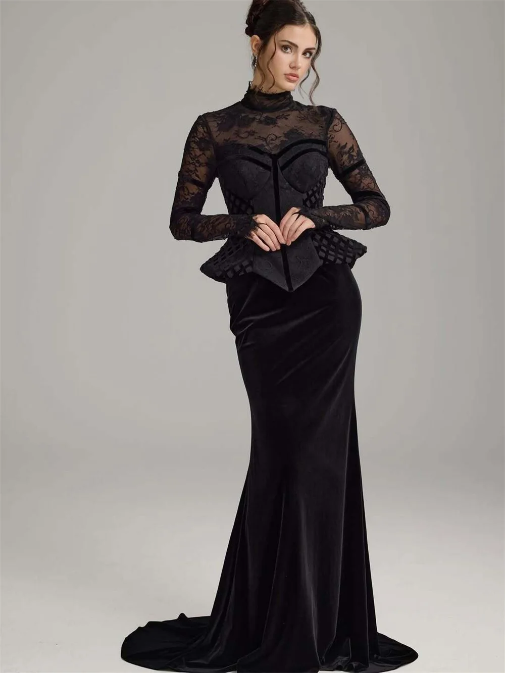 dress prom dress formal gown wedding guest dress Elegant Highneck Lace Long Sleeve Corset