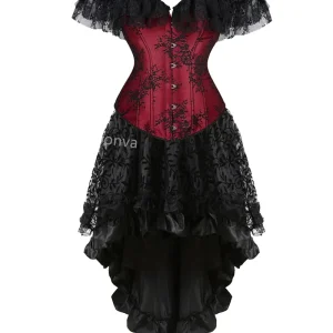 Corset Dress Tutu Skrits Set Overbust With Lace Sleeved Costume Party Sexy Burlesque Basques Outfit Plus Size Vintage Black Red