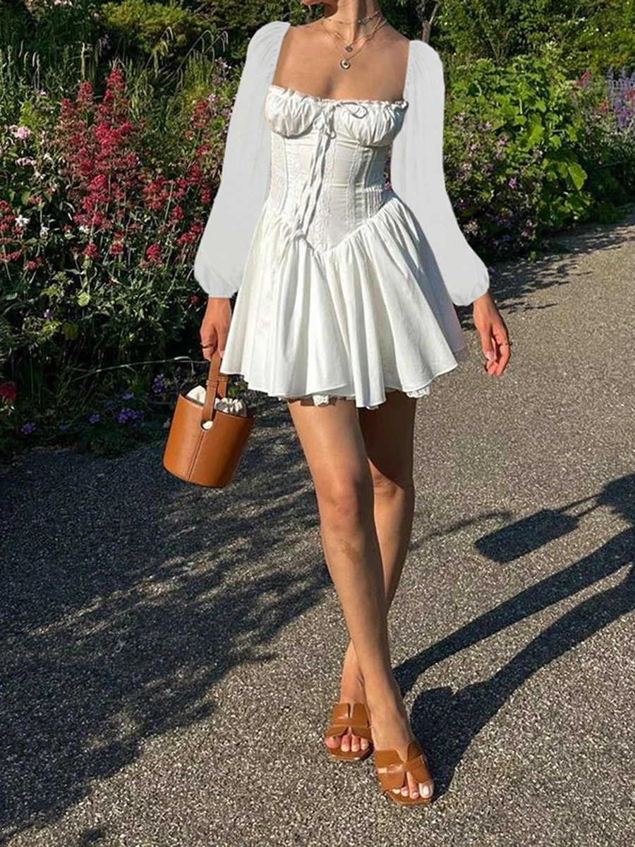 Mini Dress with Lace-Up Corsets Belt Flared Long Sleeve Vintage Floral A-Line Swing Dresses – Image 2