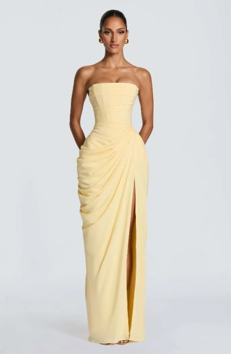Strapless Maxi Robe Women Ruched Waist High Thigh Slit Chic Flowy Dress Romantic Party Fashion Unique Vestido New – Image 26