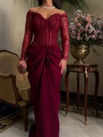 Contessa Custom Burgundy Lace Corset Evening Dress Crepe Mermaid Prom Dresses Ruched Vestidos De Noche Elegant Formal Evening