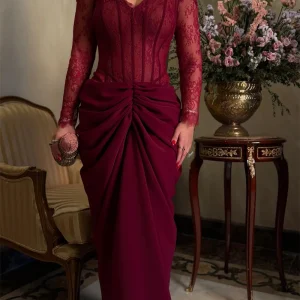 Contessa Custom Burgundy Lace Corset Evening Dress Crepe Mermaid Prom Dresses Ruched Vestidos De Noche Elegant Formal Evening