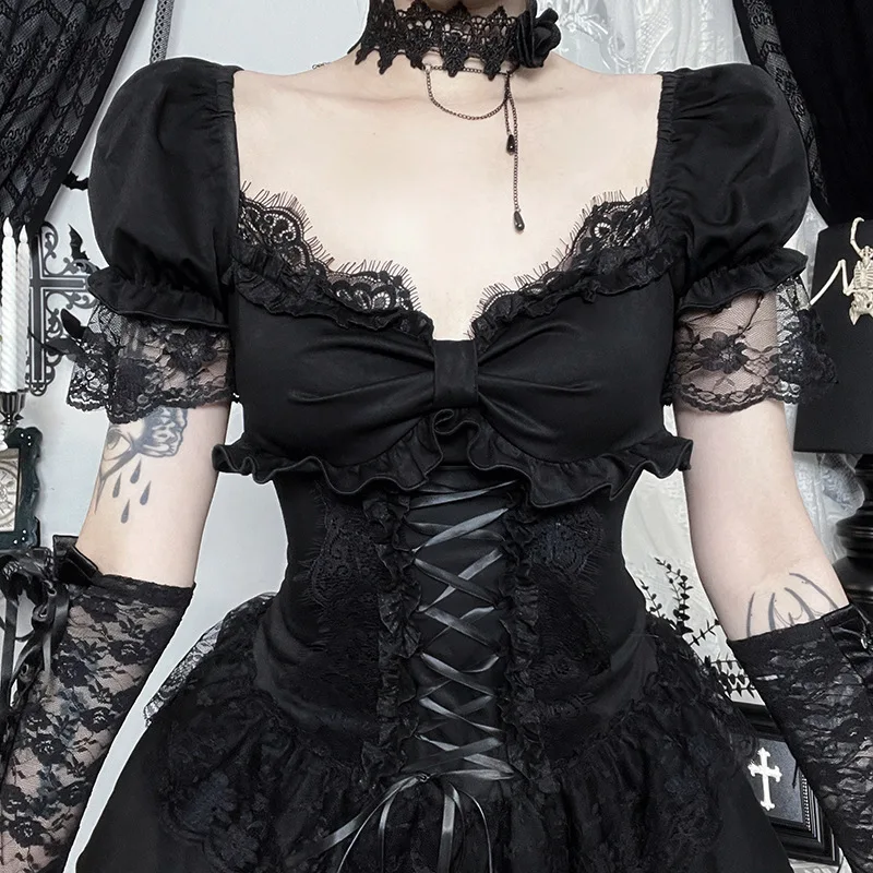 Gothic Dress Women Y2k E-girl Aesthetic Fairycore Grunge Lace Patchwork Puff Sleeve Bandage Corset Dress Female – Image 9