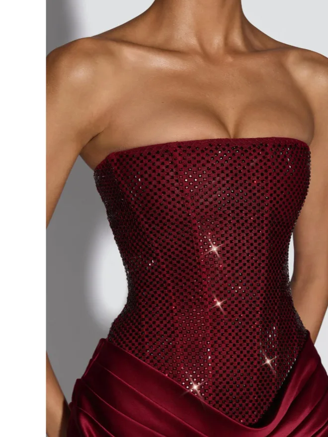 Strapless Dress Corset Vestidos Sexy Red Satin Draped Dress Mini – Image 11