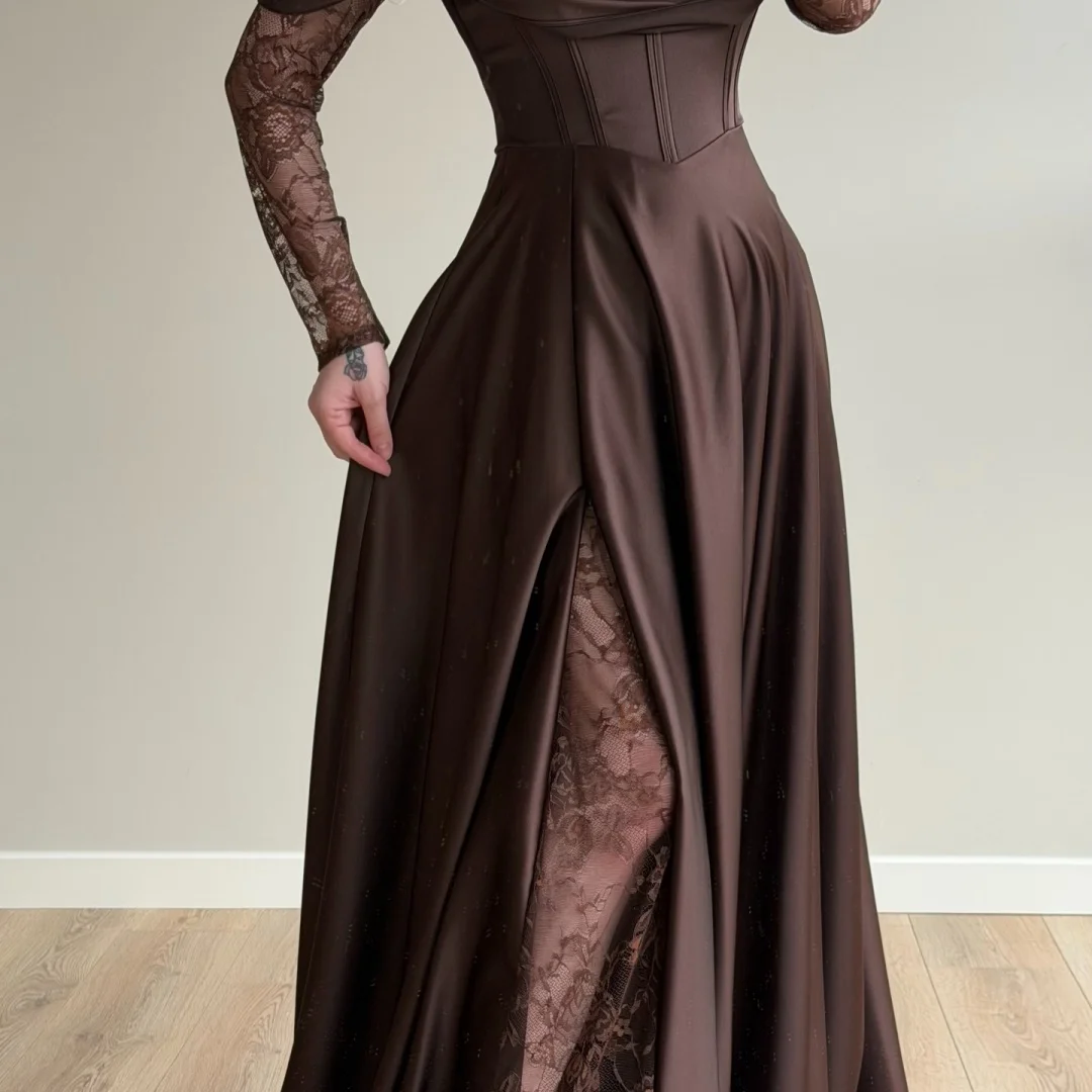 Brown Off Shoulder Prom Dress with Lace Long Sleeves, Satin Corset Bodice, Lace Overlay High Slit – Image 3