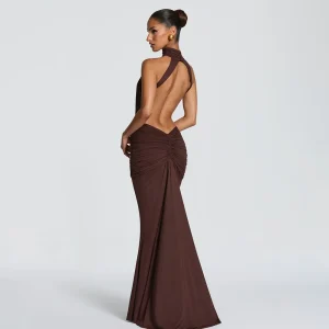 Nagodo Women Sexy Backless Maxi Dresses Halter Sleeveless Long Cocktail Dress Slim Brown Red Elegant Evening Bodycon Dresses