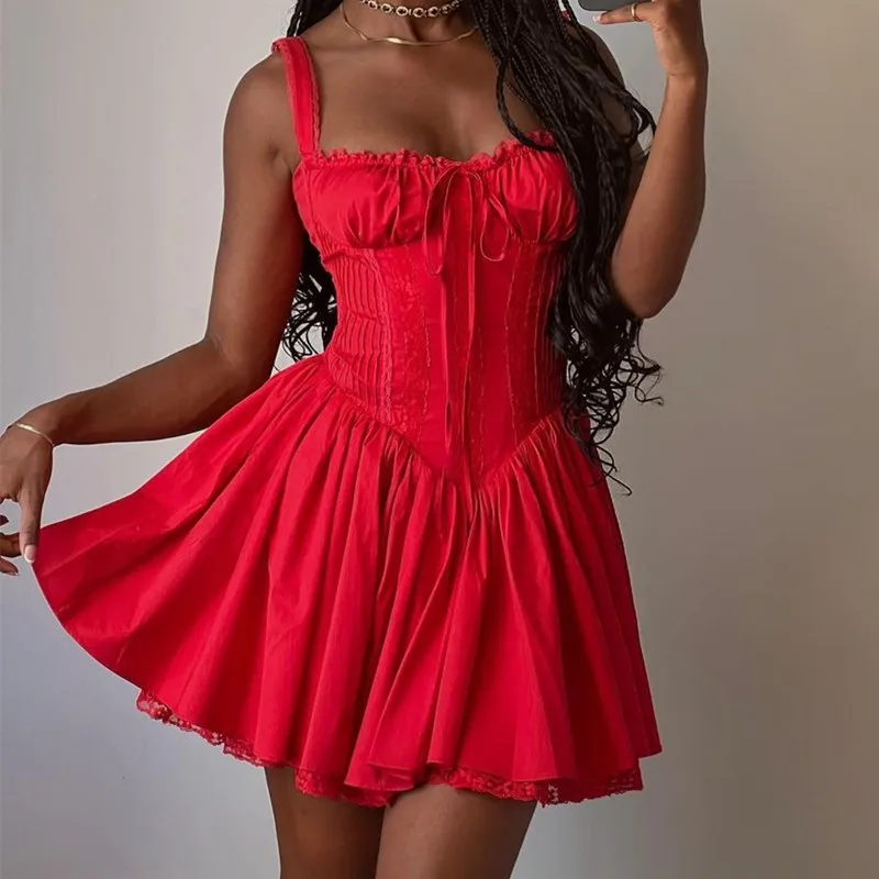 Dress Woman Elegant Party Short Red Mini Dress Spaghetti Strap Corset Waist Dress Lace Trim A Line Skirt Sexy Outfits – Image 5