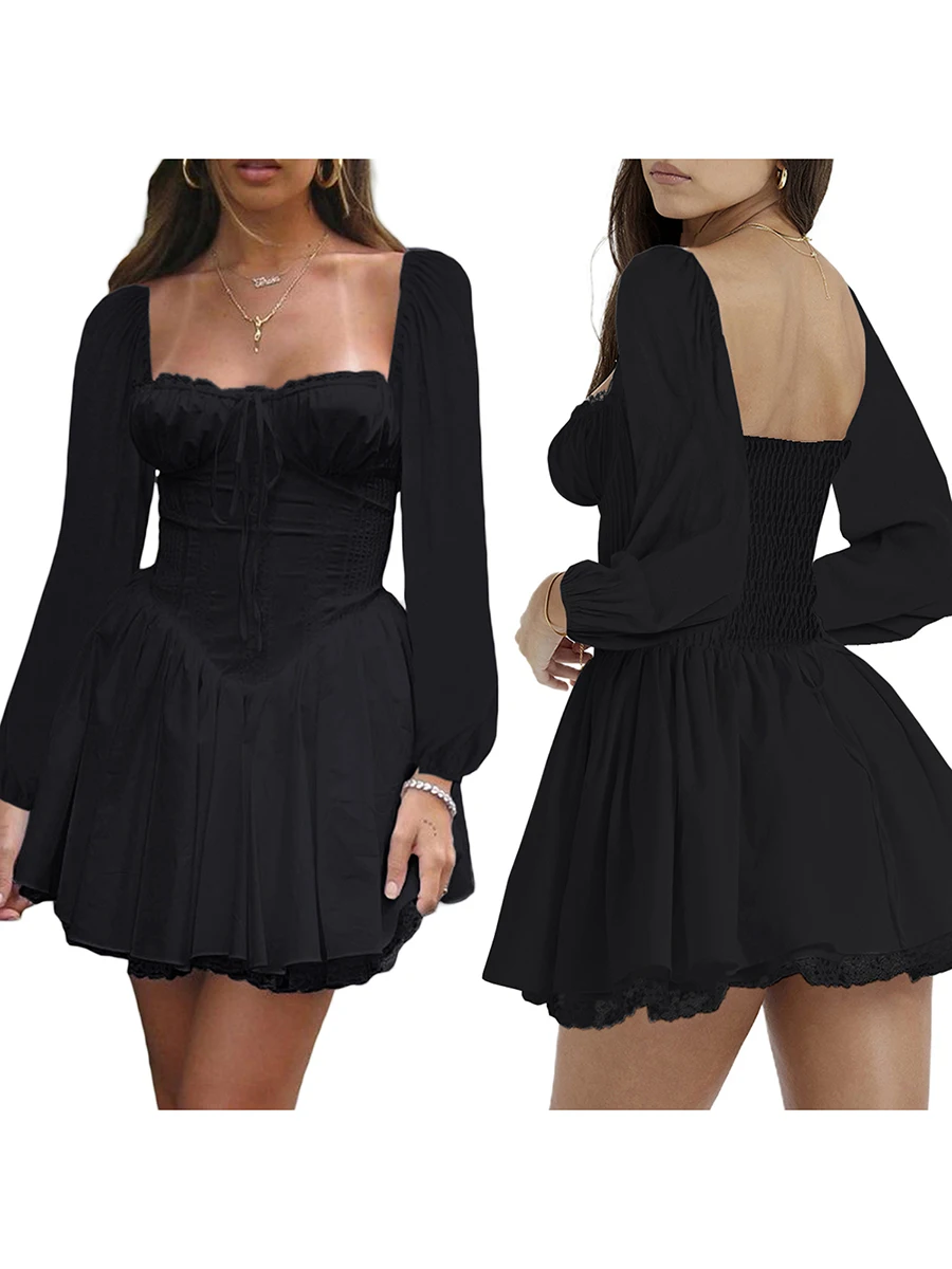 Mini Dress with Lace-Up Corsets Belt Flared Long Sleeve Vintage Floral A-Line Swing Dresses – Image 12