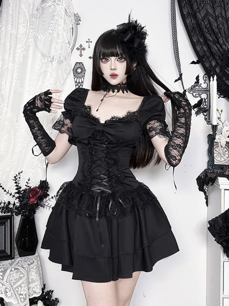 Gothic Dress Women Y2k E-girl Aesthetic Fairycore Grunge Lace Patchwork Puff Sleeve Bandage Corset Dress Female – Image 5