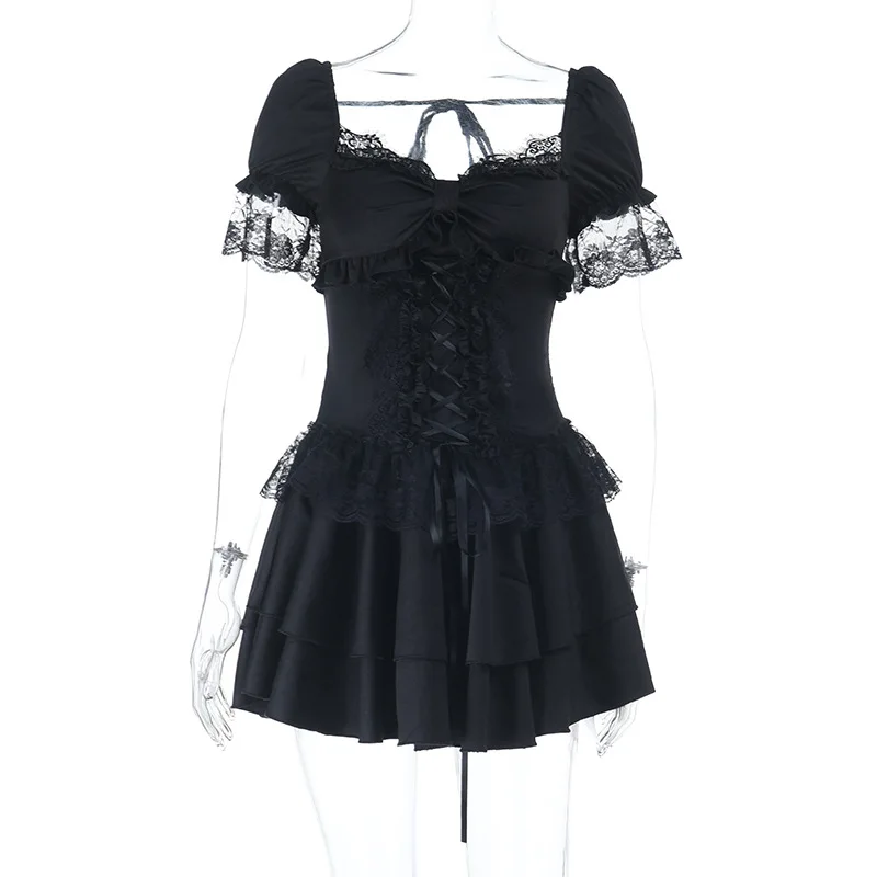 Gothic Dress Women Y2k E-girl Aesthetic Fairycore Grunge Lace Patchwork Puff Sleeve Bandage Corset Dress Female – Image 15