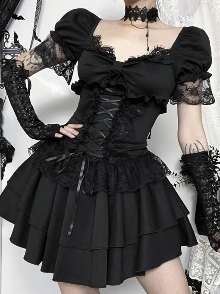 Gothic Dress Women Y2k E-girl Aesthetic Fairycore Grunge Lace Patchwork Puff Sleeve Bandage Corset Dress Female – Image 2