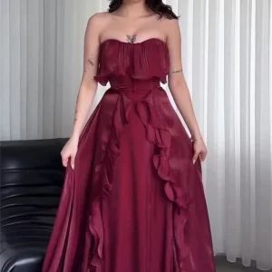 Burgundy Strapless Prom Dress