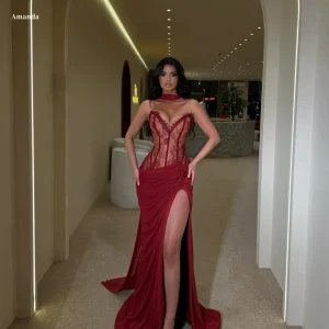 Burgundy Sheer Lace Corset Prom Dress