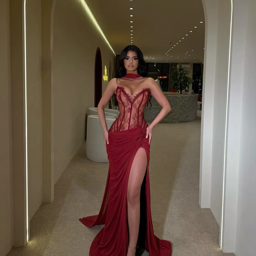 Burgundy Sheer Lace Corset Prom Dress – Image 2