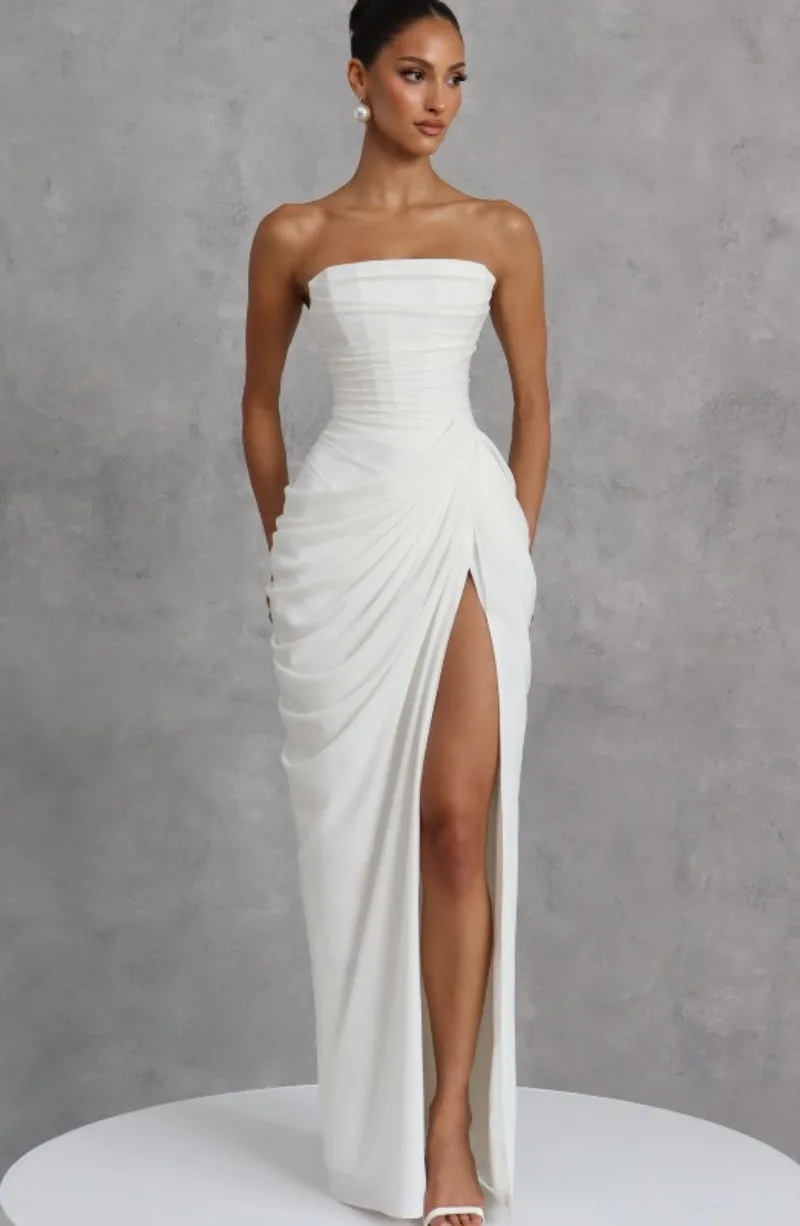 Strapless Maxi Robe Women Ruched Waist High Thigh Slit Chic Flowy Dress Romantic Party Fashion Unique Vestido New – Image 21