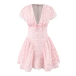 Pink Plaid Spliced White Lace Corset Style Mini Dress Women V Collar Short Sleeve Low Waist Ball Gown Swing Party Robe