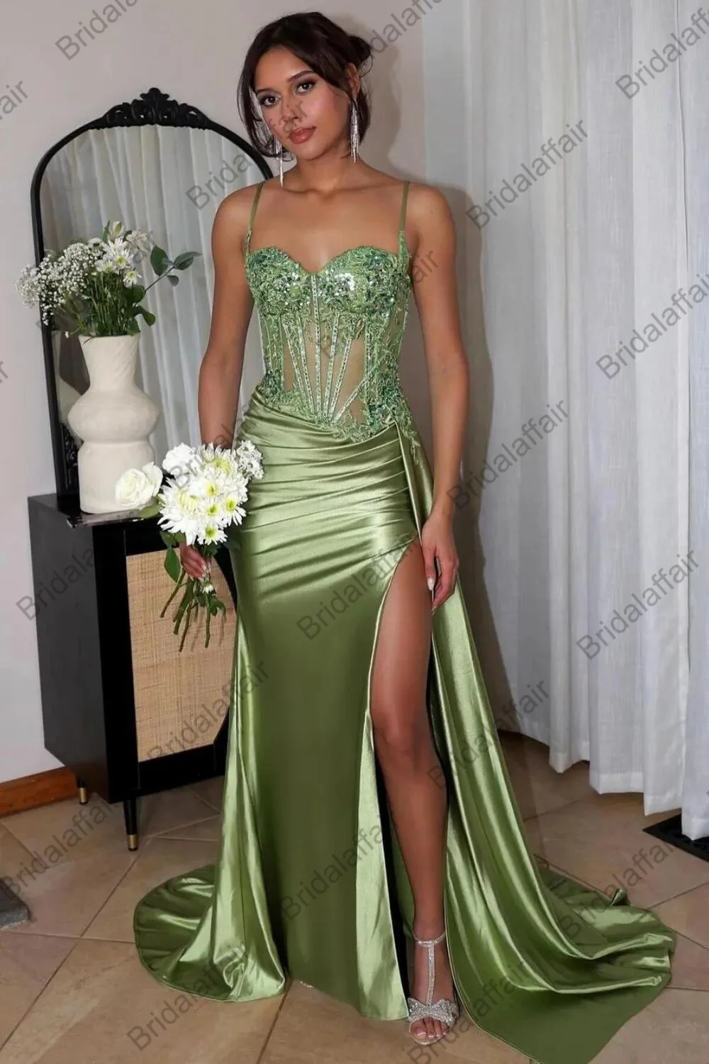 Sparkly Corset Sequins Long Prom Dress With Slit Sexy Spaghetti Strap Appliques Evening Dresses Elegant Formal Party Gowns – Image 4