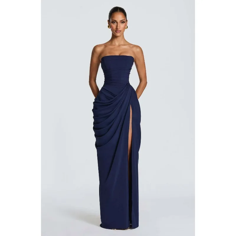 Strapless Maxi Robe Women Ruched Waist High Thigh Slit Chic Flowy Dress Romantic Party Fashion Unique Vestido New – Image 2