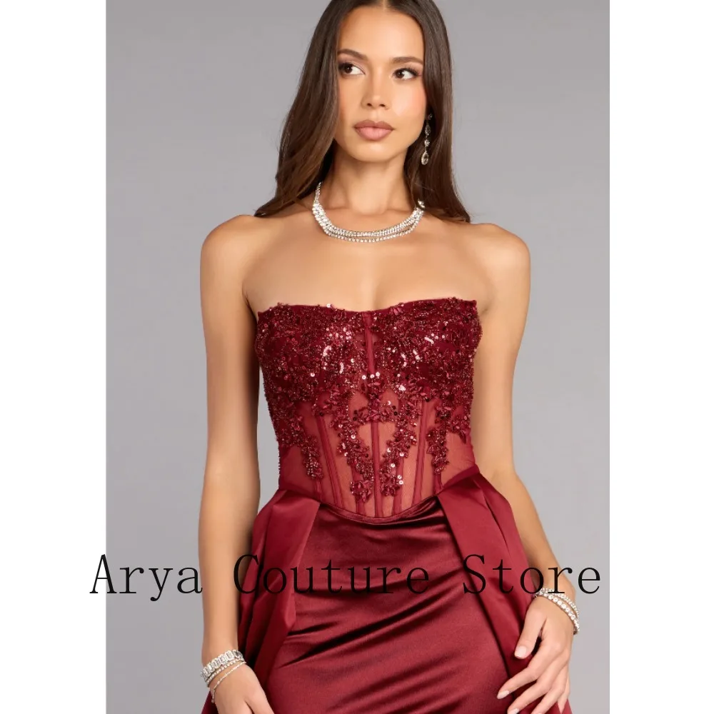 Burgundy Strapless Sequin Corset Gown – Mini Skirt Overlay Maxi Train Formal Dress for Prom, Gala & Wedding Events – Image 3