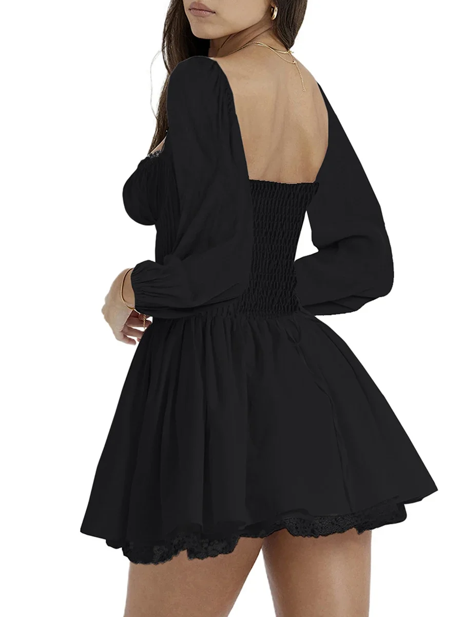 Mini Dress with Lace-Up Corsets Belt Flared Long Sleeve Vintage Floral A-Line Swing Dresses – Image 4