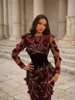 Burgundy High Neck Long Sleeve Long Dress