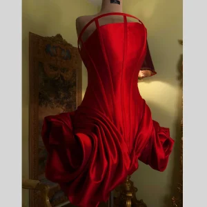 Cute Red Mini Dress Unique Bubble Bottom Strapless Corset Women Short Cocktail Party Dresses