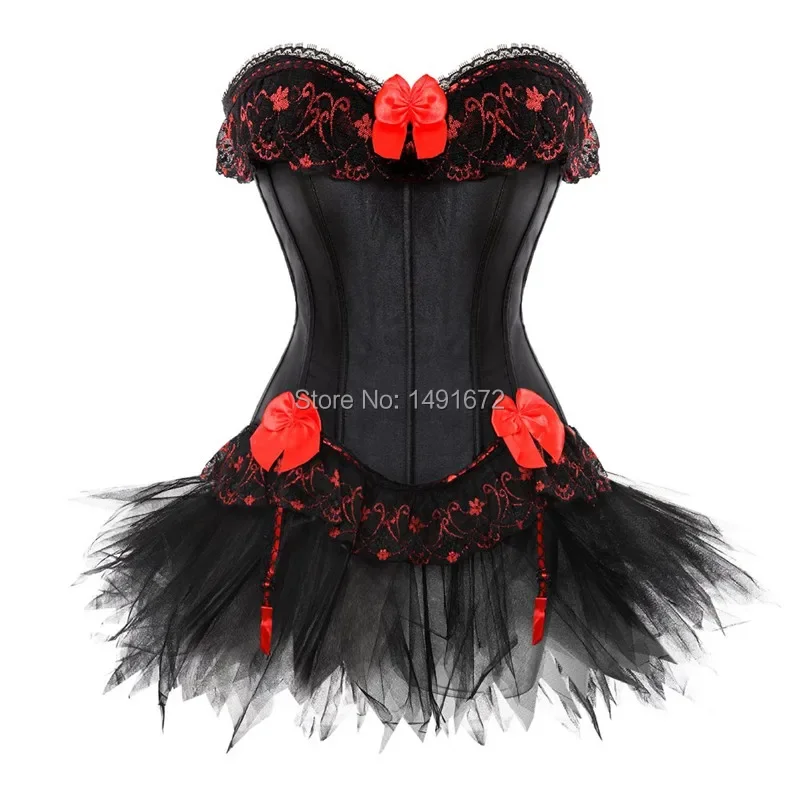 Corset Dress Gothic Overbust Women High Waist Skirts Sexy Lace Floral Bustier Corselet Plus Size Exotic Fashion Black Red – Image 3