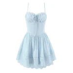 Sexy Pretty Girls Floral Embroidery Sling Mini Dresses Women Vacation Party Summer Dress Cotton White Blue Corset Sundress
