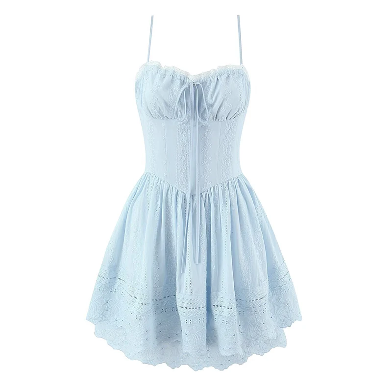 Sexy Pretty Girls Floral Embroidery Sling Mini Dresses Women Vacation Party Summer Dress Cotton White Blue Corset Sundress