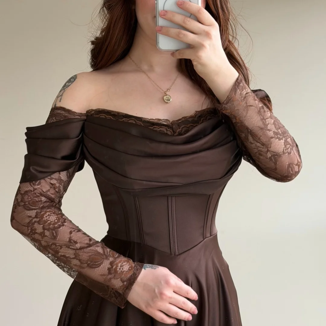 Brown Off Shoulder Prom Dress with Lace Long Sleeves, Satin Corset Bodice, Lace Overlay High Slit – Image 5