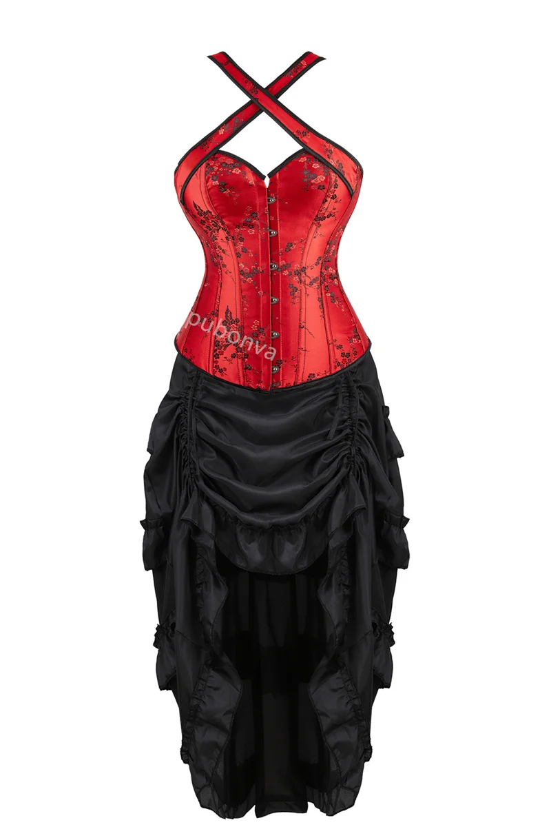 Black Corset Dress Women Tutu Skrit Set Halter Lace Costume Party Sexy Burlesque Halloween Ladies Basques Outfit Plus Size Red – Image 5