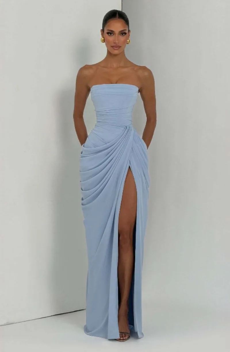 Strapless Maxi Robe Women Ruched Waist High Thigh Slit Chic Flowy Dress Romantic Party Fashion Unique Vestido New – Image 39
