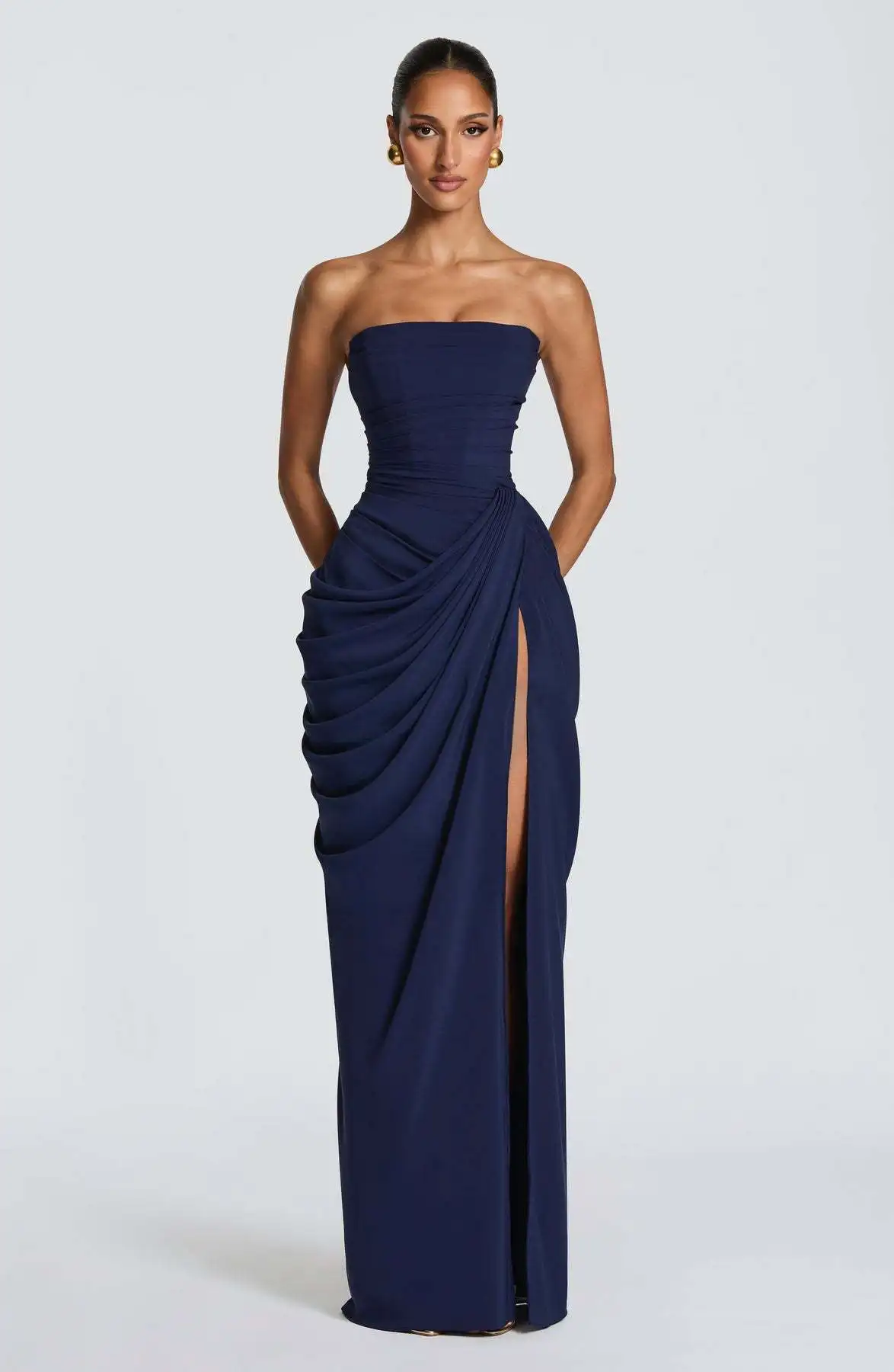 Strapless Maxi Robe Women Ruched Waist High Thigh Slit Chic Flowy Dress Romantic Party Fashion Unique Vestido New – Image 10