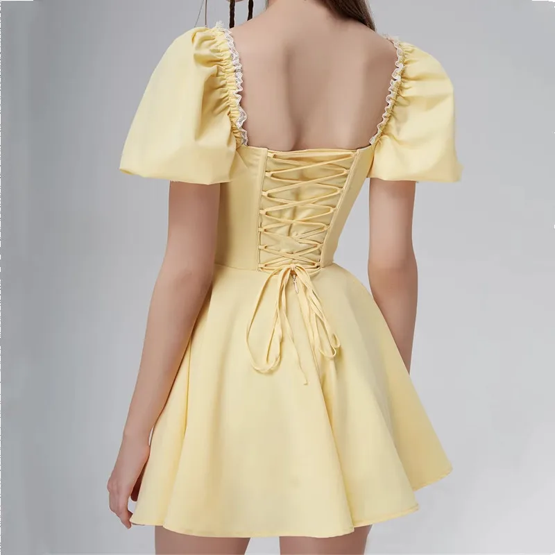 style Mini Dress Women Cross Lacing up Bandage Back Short Puff Sleeve – Image 2