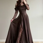 Brown Off Shoulder Prom Dress with Lace Long Sleeves, Satin Corset Bodice, Lace Overlay High Slit