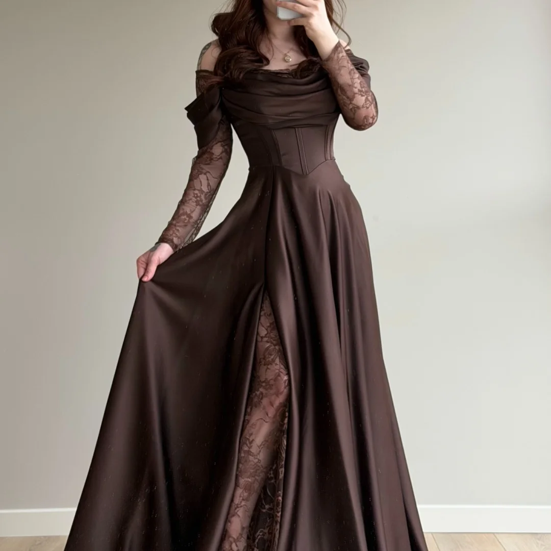 Brown Off Shoulder Prom Dress with Lace Long Sleeves, Satin Corset Bodice, Lace Overlay High Slit