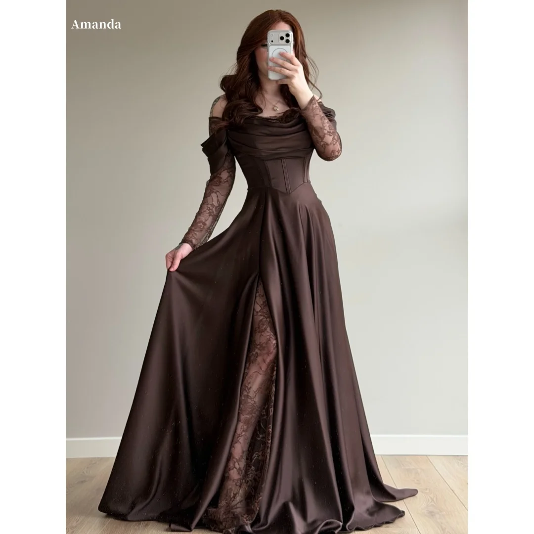 Brown Off Shoulder Prom Dress with Lace Long Sleeves, Satin Corset Bodice, Lace Overlay High Slit – Image 2