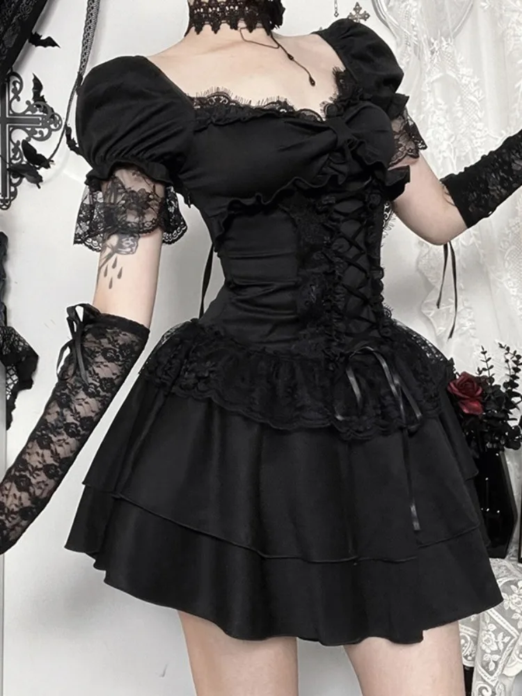 Gothic Dress Women Y2k E-girl Aesthetic Fairycore Grunge Lace Patchwork Puff Sleeve Bandage Corset Dress Female – Image 7