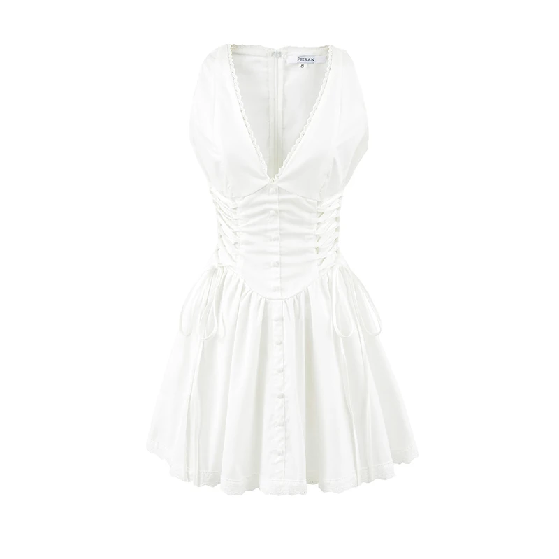 Sleeveless Mini Dress V Neck Lace Trim Side Corset Tie Flared Skater Short Dresses – Image 2