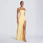 Strapless Maxi Robe Women Ruched Waist High Thigh Slit Chic Flowy Dress Romantic Party Fashion Unique Vestido New