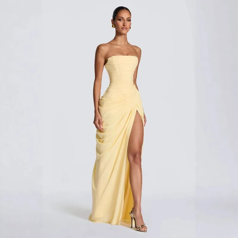 Strapless Maxi Robe Women Ruched Waist High Thigh Slit Chic Flowy Dress Romantic Party Fashion Unique Vestido New