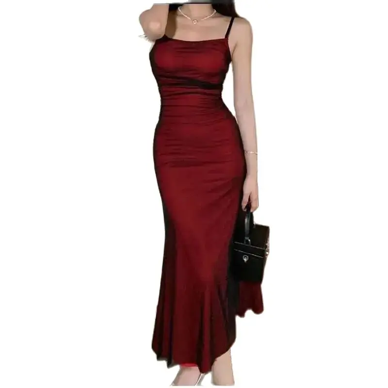 Sleeveless Bodycon Corset Maxi Dress Wine Red Spaghetti Strap Ruched Elegant Evening Party Long Vintage Dresses