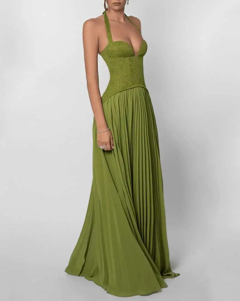 GACVGA Elegant Corset Halter Pleated Maxi Dress Women Back Lace-up Patchwork Slim Lady Gown Club Party Evening Long Dress – Image 10