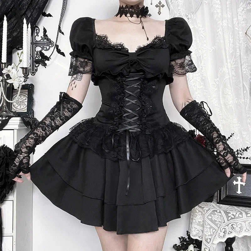 Gothic Dress Women Y2k E-girl Aesthetic Fairycore Grunge Lace Patchwork Puff Sleeve Bandage Corset Dress Female – Image 10