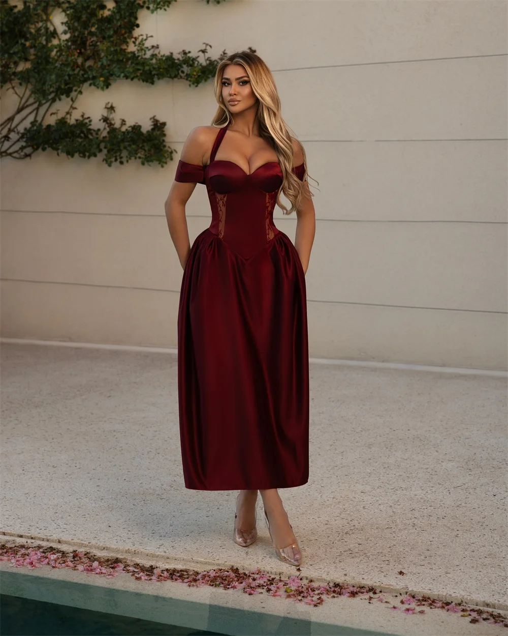 Burgundy Halter Evening Dress Off Shoulder Lace Prom Dresses Corset Vestidos De Noche A Line Formal Evening